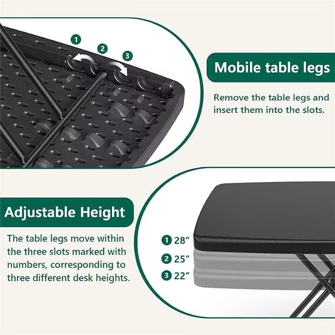 30 Inch Folding Table Set of 2, Adjustable Height TV Tray for Small Spaces, Heavy Duty Foldable Utility Table for Laptop, Dining, Camping, No Assembly, 200 lbs Capacity, Black Granite