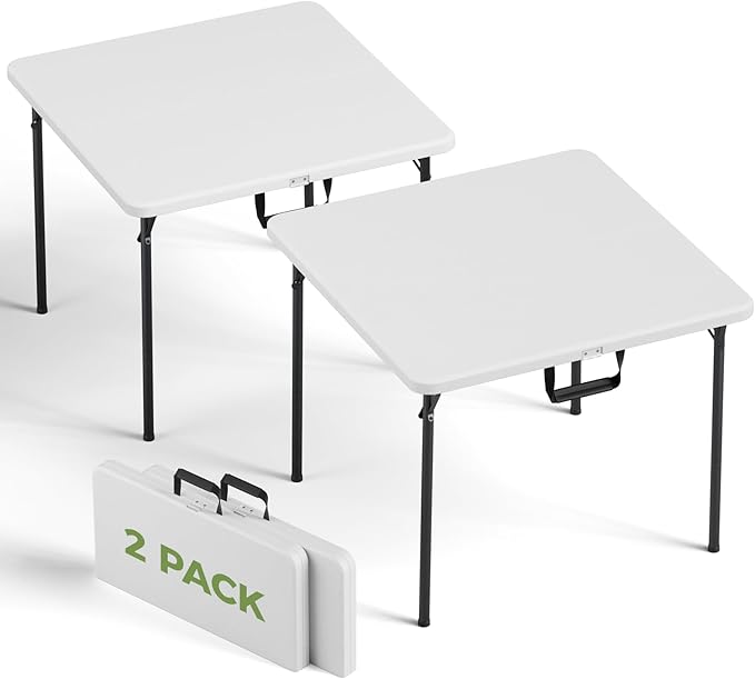 Folding Table 2 Pack, 36 Inch Square Foldable Card Tables, No Assembly Portable Folding Tables, Heavy Duty Fold-in-Half Tables with Carry Handles for Camping, Picnic, Parties, RV Travel & Indoor Use