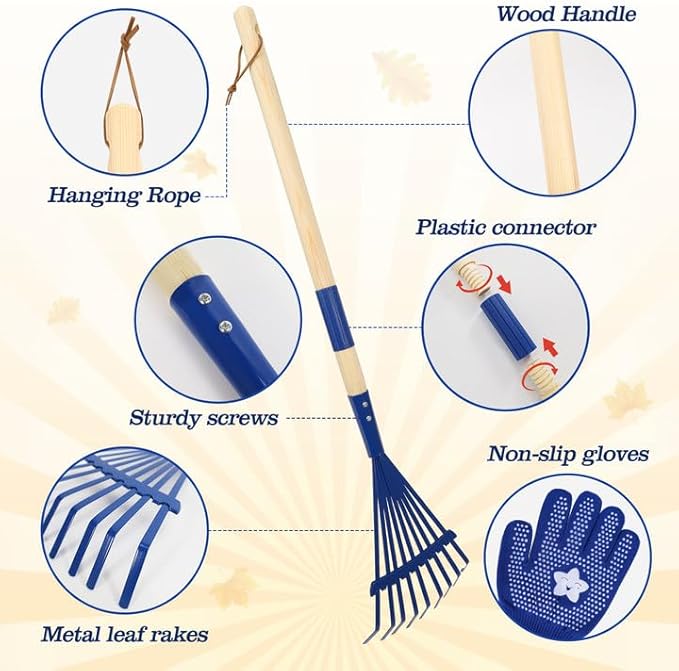 NNG 2 PCS 27" Metal Kids Leaves Rakes and 2 Pairs Kids Gloves,Small Kid Lawn Rakes with Wooden Handle,Garden Tool Set for Boys and Girls