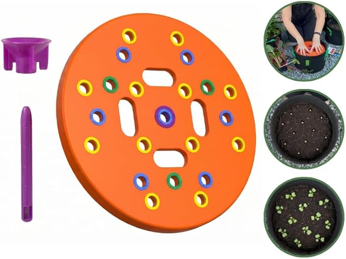 Round Seed Planting Template – Patented Color-Coded Garden Spacing Tool Kit with Seed & Seedling Spacer, Dibber with Seed Spoon & Laminated Vegetable Growing Guide