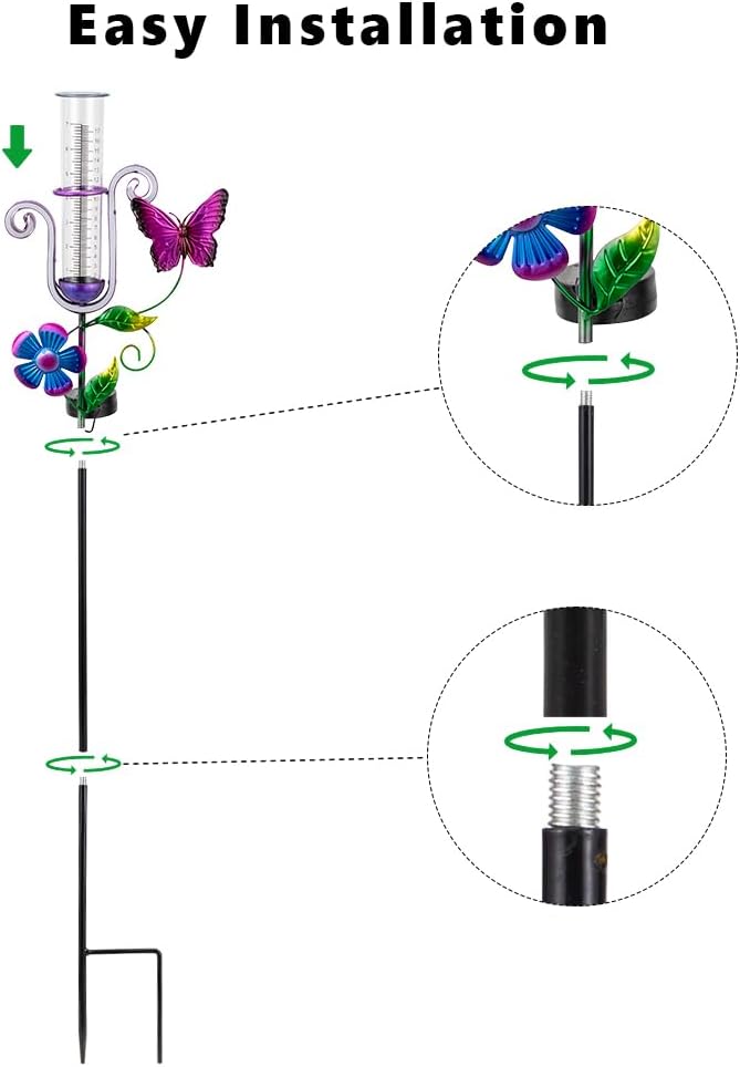Stargarden Rain Gauge Outdoor, Solar Powered Rain Gauge, 7" Tube Butterfly Rain Measure Tool with Metal Stake, Decorative Rain Measure Gauge for Yard, Lawn, Garden