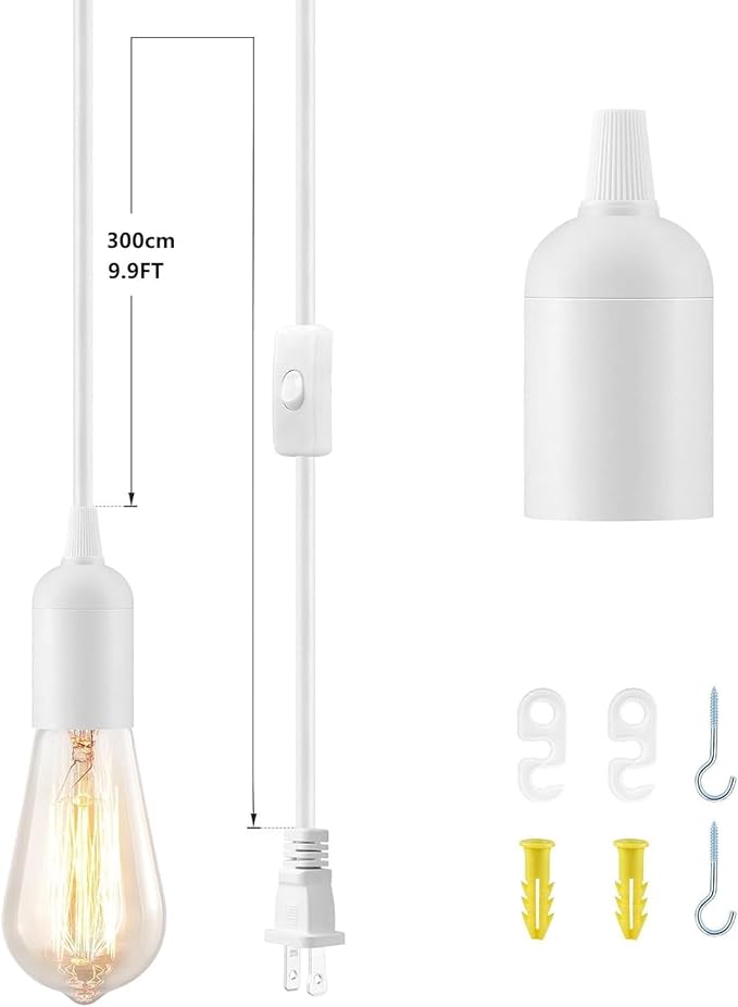 2Pack Plug in Hanging Light Kit, E26/E27 Vintage Hanging Lights with Plug in Cord, Retro Pendant Light Kit, 12FT Cord with On/Off Switch, Pendant Light Cord for Hanging Light, White