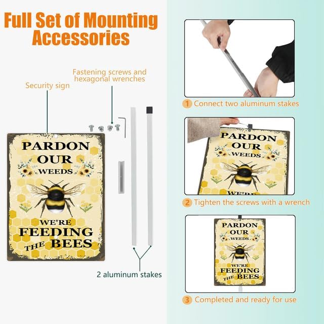 Parden Our Weeds We Are Feeding The Bees Yard Sign With Stake Do Not Mow Reflective Aluminum Yard Signs Rust Free Save Bee Pollinator Habitat Garden Signs (8x12) IN