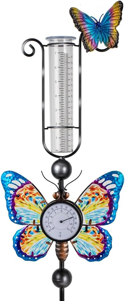 Rain Gauge Outdoor with 7 Inch Tube, Rain Gauges with Thermometer Waterproof Measure Gauge Decor for Yard, Garden, Lawn(Butterfly)