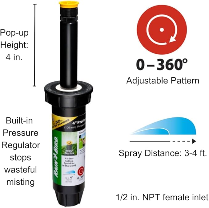 Rain Bird 1804AP4PRS Pressure Regulating (PRS) Professional Pop-Up Sprinkler, Adjustable 0-360° Pattern, 3' - 4' Spray Distance, 4" Pop-up Height