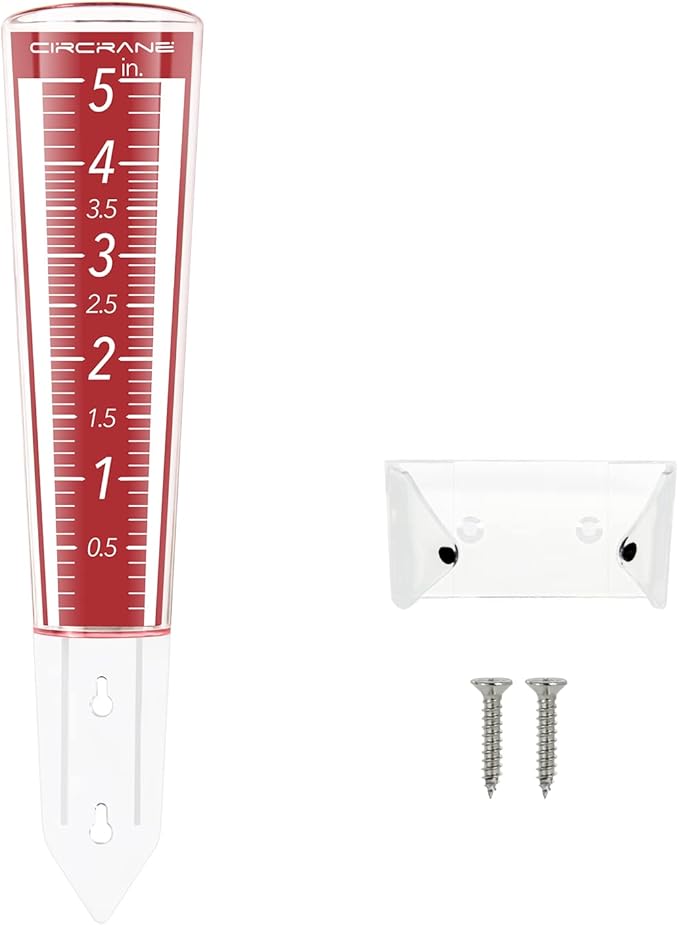 Circrane 5-Inch Capacity Outdoor Rain Gauge with Additional Hang Bracket& Stainless Steel Screws, Magnifying Scale and Numbers Design for Easy Read (Red)