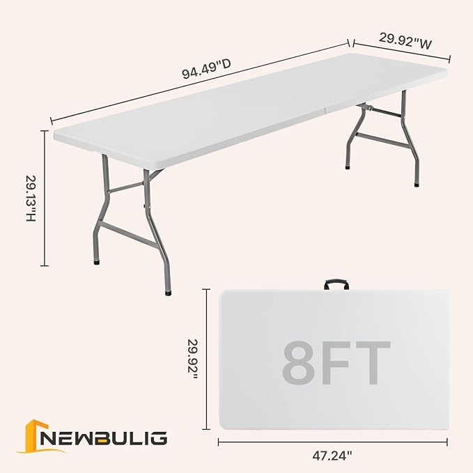 NEWBULIG 8 FT Foldable Table Easy to Fold and Store, Folding Picnic Table for Picnic Camping Kitchen Dining Party Outdoor Indoor with Carrying Handle, White