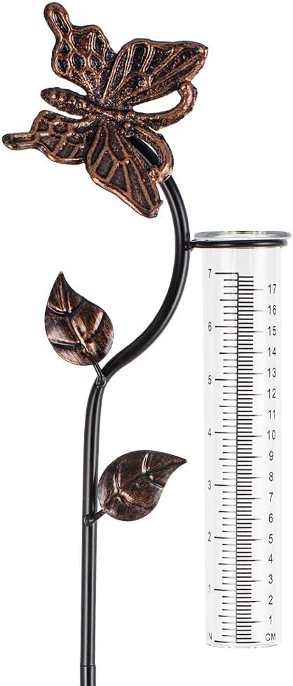 Butterfly Rain Gauge Outdoor, Metal Rain Gauge with 7-Inch Glass Tube, Decorative Rain Water Gauge for Garden, Yard, Lawn