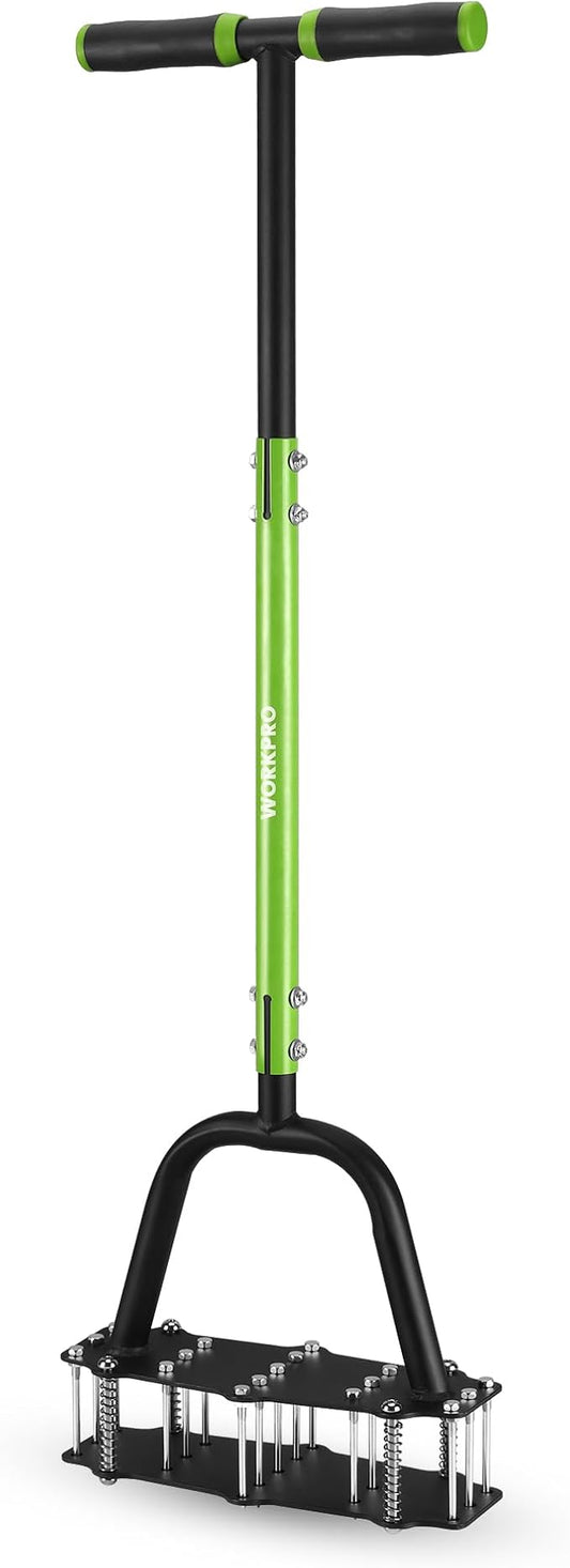 WORKPRO 38” Lawn Aerator Tool with 17 Spikes, Manual Lawn Aerators with Dual-Layer Design, Ergonomic T-Handle, Heavy Duty Manual Grass Aerator for Lawn Aeration, Soil Loosening, and Yard Care
