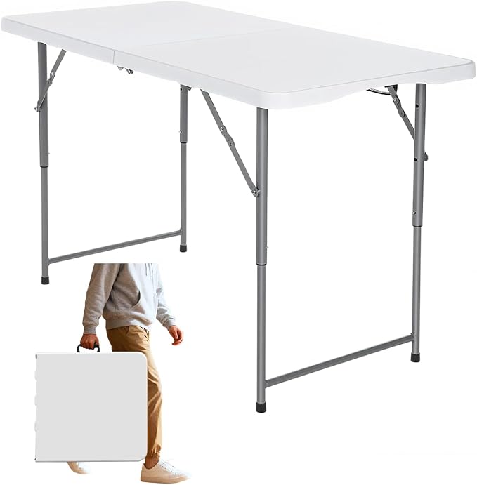 FoldingTable 4 Foot Portable Heavy Duty Plastic Table and Adjustable Height Folding with Carrying Handle,Indoor Outdoor with Kids Table, Picnic,Party,Camping White