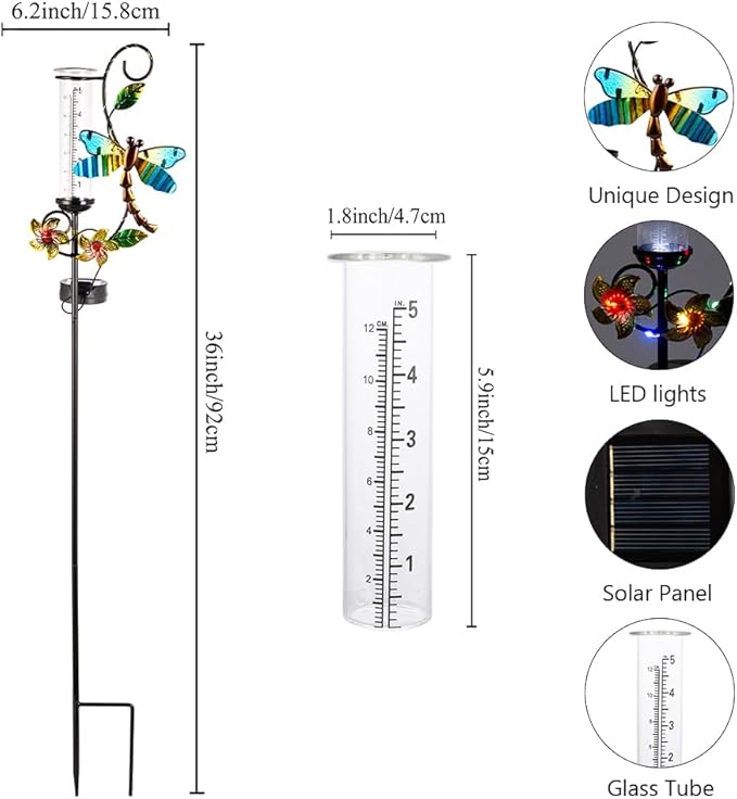 Stargarden Rain Gauge Outdoor, Metal Dragonfly Rain Gauge with 5 inch Glass Tube, Decorative Solar Rain Gauge with LED Lights for Yards, Lawns, Pathways, Patios