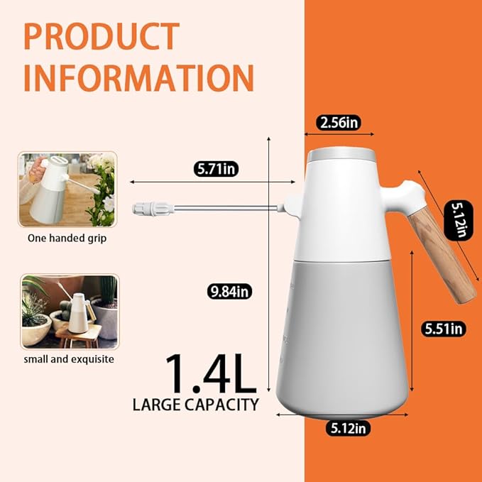 1.4L Electric Spray misting Bottle，Water Sprayer in Lawn and Garden, Outdoor Plants，Cleaning，Weeding; 180° Adjustable Long Nozzle; 2 Spray Modes; Battery Powered; Wood-Grain Handle