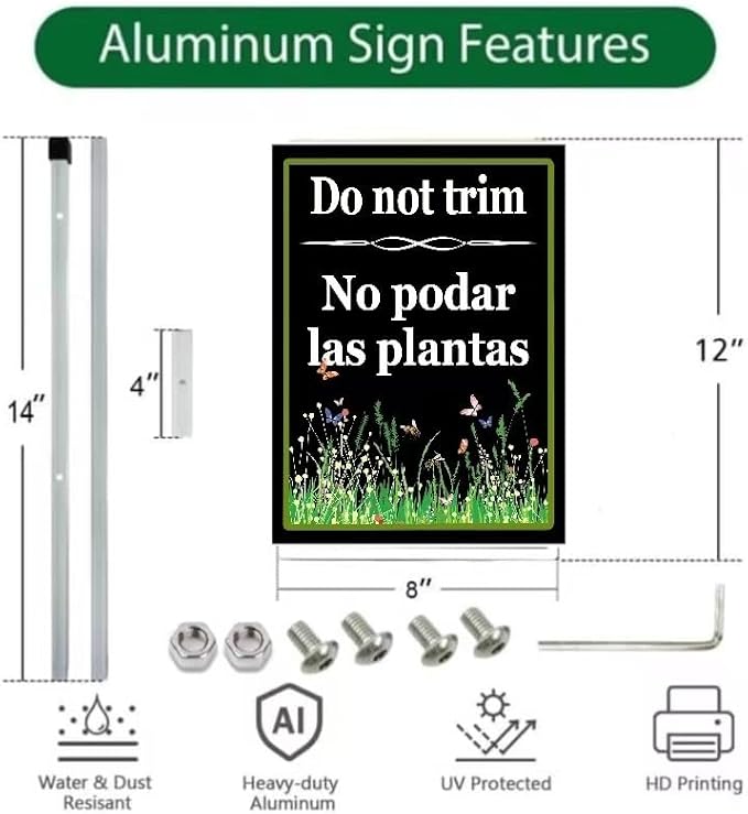 Do Not Trim - No Podar as Plantas Yard Sign with Stakes,Rust Free Aluminum (8 * 12in),Keep Off Grass Sign for Lawn Garden,Pollinator Habitat Yard Sign