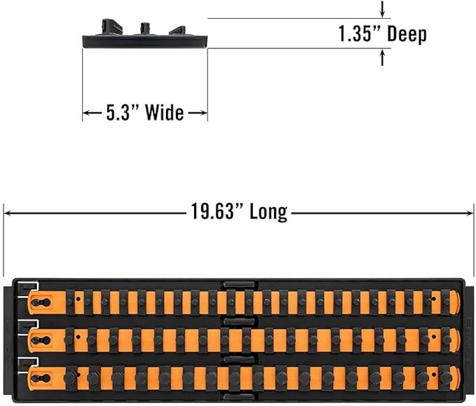 Ernst Manufacturing 8482 Socket Boss 3-Rail Multi-Drive Socket Organizer, 18-Inch Socket Rails with Twist-Lock Secure Storage, Orange - Made in USA