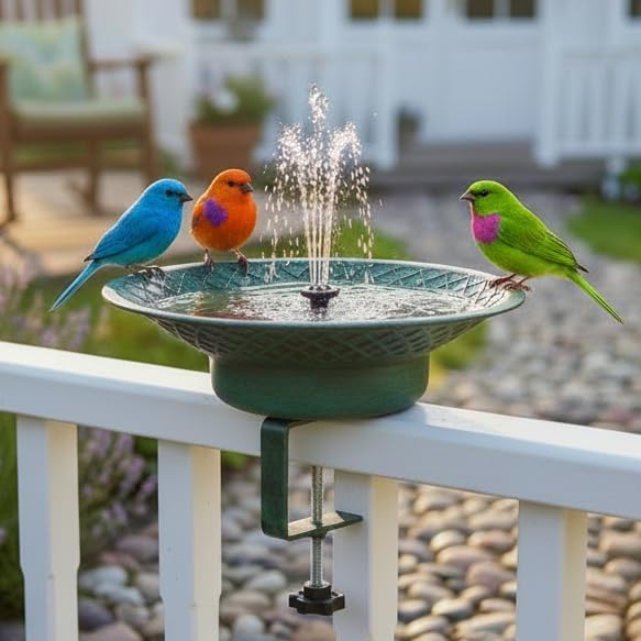 Deck Mounted Bird Bath for Outside, 12.6" Metal Solar Bird Bath with Fountain, Adjustable Railing Clamp for Balcony & Patio, Outdoor Birdbath for Garden Yard Decor