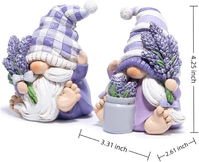 Hodao Set of 2 Lavender Gnome Figurines - Spring Decor for Bathroom, Shelf, Tiered Tray Patios, and Garden, Gift for Mom Friends Housewarming