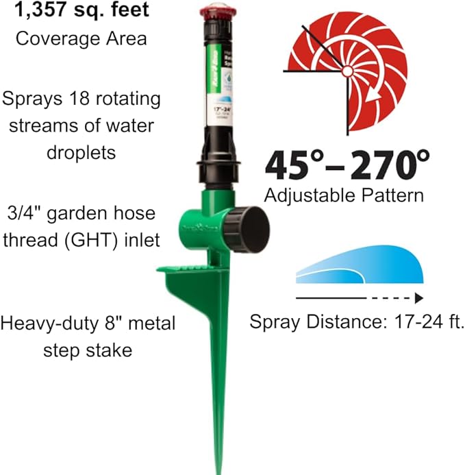 Rain Bird RVANSP Hose-End High-Efficiency Pro Rotary Sprinkler on Large Metal Spike, Hand Adjustable, 45° - 270° Pattern, 17' - 24' Spray Distance (Pack of 12)