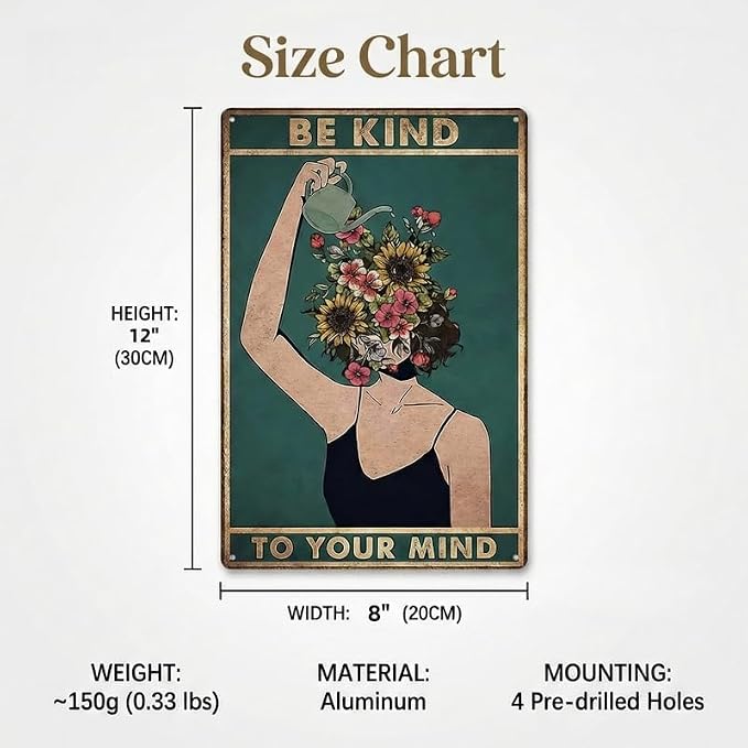 "Be Kind To Your Mind" Garden Sign, Vintage Floral Woman Metal Poster, 8x12 Inch Inspirational Wall Art Decor for Outdoor Yard Patio Greenhouse, Mental Health Gardening Gift for Her