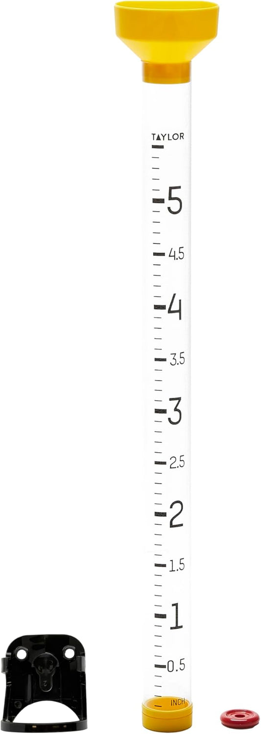 Taylor Capacity Jumbo Rain Gauge, Measure and Monitor Precipitation, Easy to Read for Backyard, Patio, Garden, and Lawn, 5-inch, Yellow