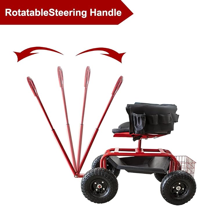 THUNDERBAY Garden Cart Rolling Workseat with Wheels, 360 Degree Swivel Seat, Wagon Scooter with Steering Handle & Utility Tool Tray for Planting, with Storage Basket and Tool Pouch, Red