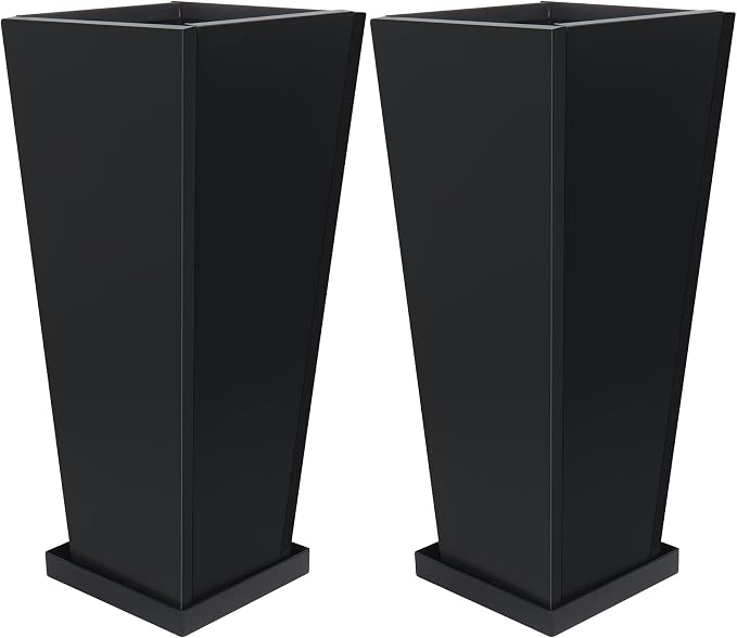 28" Metal Tall Outdoor Planters Set of 2, Durable & Wealtherproof | Tall Planters with Drainage Insert Shelve & Trays, Black Outdoor Planters for Porch, Garden, Yard