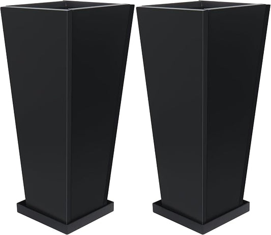 28" Metal Tall Outdoor Planters Set of 2, Durable & Wealtherproof | Tall Planters with Drainage Insert Shelve & Trays, Black Outdoor Planters for Porch, Garden, Yard