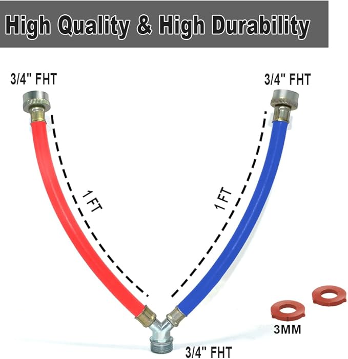 Rubber Washing Machine Y Mixer Hose Connector, Hot and Cold Color Coded, 3/4" Fittings, 1 ft (12") Length 2PACK