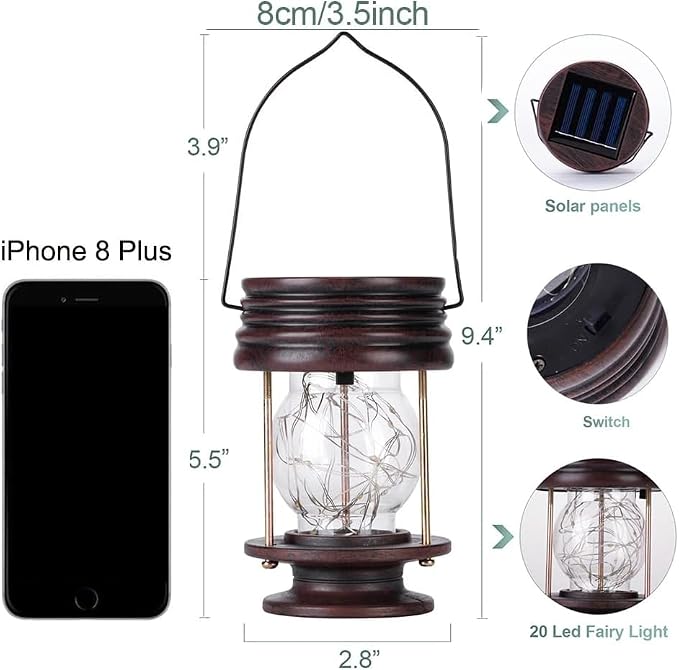 Solar Lanterns Outdoor Patio Decor, 20 LED Hanging Solar Fairy Lights Waterproof, 2 Pack Retro Decorative Table Lamps with Warm Glow for Porch, Yard, Garden, Pathway & Backyard Decoration