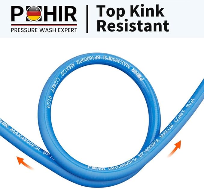 POHIR Power Washer Whip Hose 5ft Pressure Washer Jumper Hose With 4800PSI Steel Whip Line 3/8" Quick Connector
