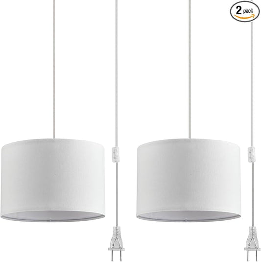 2 Pack Plug in Pendant Light, Hanging Light with 15Ft Clear Cord, On/Off Switch, White Fabric Lamp Shade, Hanging Light Fixture for Bedroom, Kitchen,