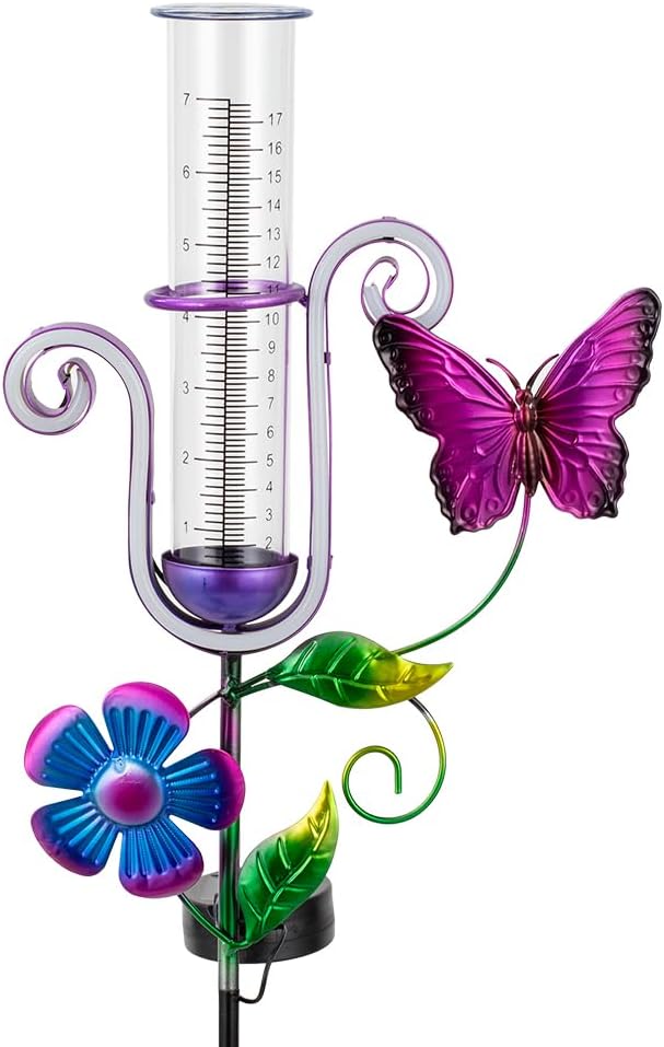 Stargarden Rain Gauge Outdoor, Solar Powered Rain Gauge, 7" Tube Butterfly Rain Measure Tool with Metal Stake, Decorative Rain Measure Gauge for Yard, Lawn, Garden