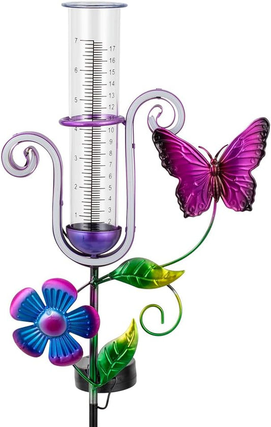 Stargarden Rain Gauge Outdoor, Solar Powered Rain Gauge, 7" Tube Butterfly Rain Measure Tool with Metal Stake, Decorative Rain Measure Gauge for Yard, Lawn, Garden