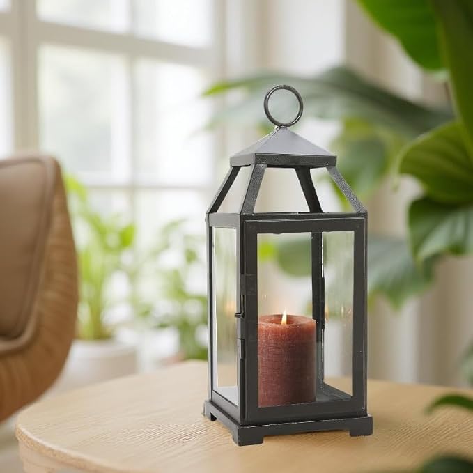 Hosley 14 Inch High Large Clear Glass Iron Classic Style Lantern Elegant Candle Holder for Home Decor Vintage-Inspired Centerpiece with Stylish Iron Frame Indoor/Outdoor Lighting Accent Timeless