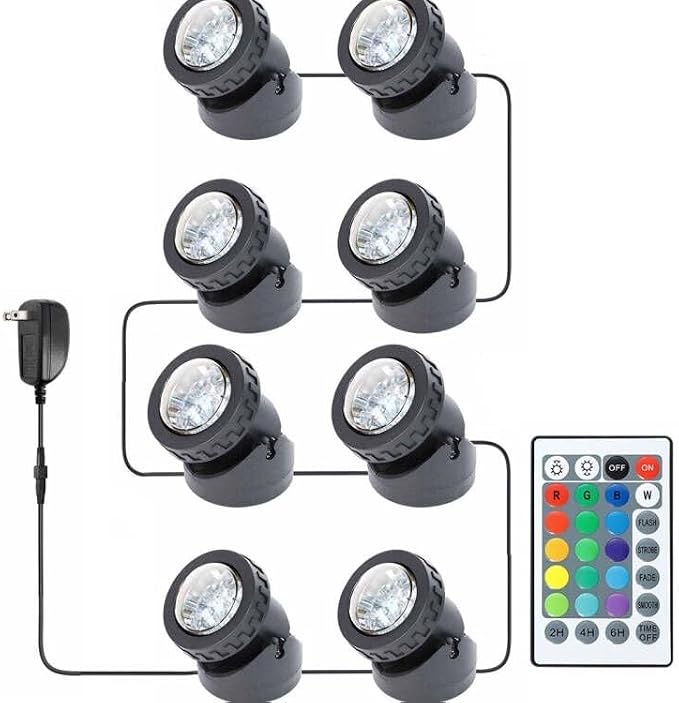 Pond Lights with Timer Colored Submersible Fountain Lights | Weighted RGB Dimmable IP68 Waterproof Outdoor Landscape Lights for Pond Fountain, (Set of 8)
