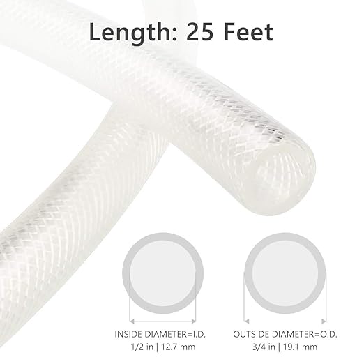1/2" ID x 3/4" OD - 25 Ft High Pressure Braided Clear PVC Tubing Flexible Vinyl Tube, Heavy Duty Reinforced Vinyl Hose Tubing, BPA Free and Non Toxic
