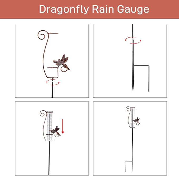 Dragonfly Rain Gauge Outdoor, 7 Inch Metal Rain Gauges for Measuring Precipitation, Patio, Garden Yard Decor