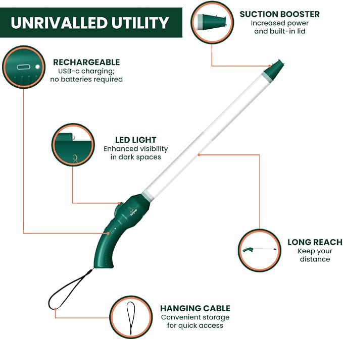 Rechargeable Bug & Spider Catcher Vacuum, Strong Suction, Long Reach, Handheld Insect Trap for Indoor & Garden, for Kids & Adults by Felyne