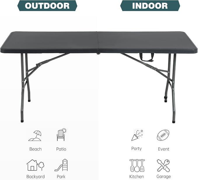 FDW 6 Foot Outdoor Dining Table, Foldable Portable Rectangular Plastic Folding Table with Built in Carrying Handle for Party and Wedding Use, Black