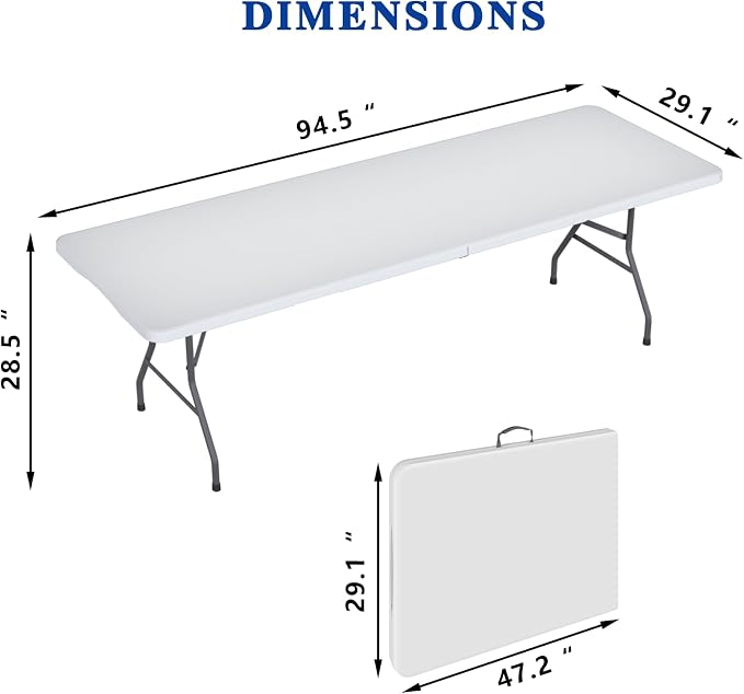 2 Pack 8FT White Folding Table for Outdoor, 8 Foot Picnic Tables No Assembly Required Portable, White Foldable Table for Camping, Parties, Meeting, Events, Wedding, with Carrying Handle