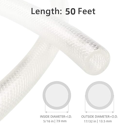 5/16" ID x 50 Ft High Pressure Braided Clear PVC Vinyl Tubing Flexible Vinyl Tube, Heavy Duty Reinforced Hose Tubing, BPA Free and Non Toxic