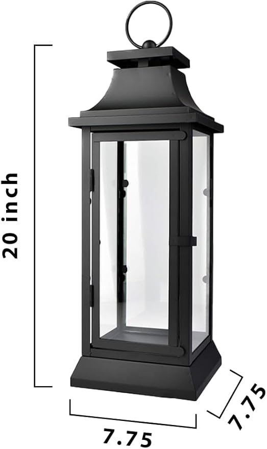 Serene Spaces Living Black Metal Hurricane Lantern with Clear Glass Panels – Hanging or Tabletop Decorative Lantern for Indoor & Outdoor – for Weddings, Parties, Home Decor, 20" Tall & 7.75" Square