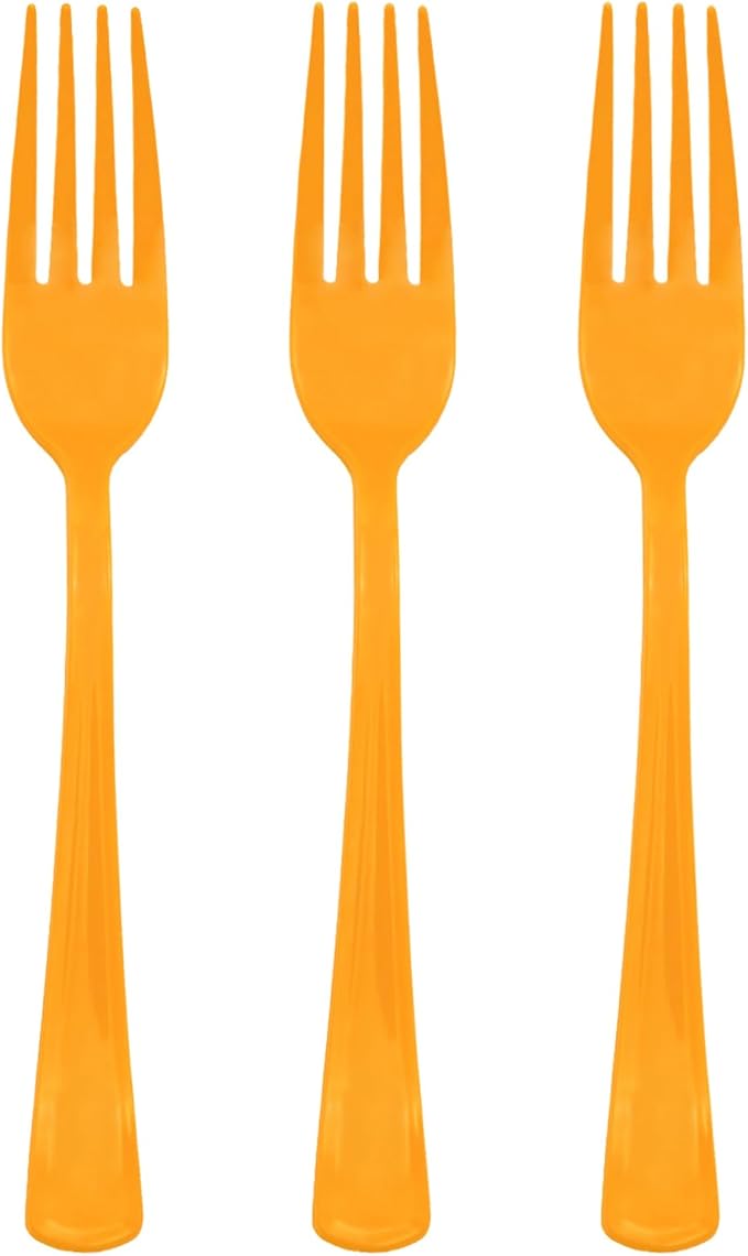 50 Pcs Orange Plastic Forks, Orange Plastic Silverware, Heavy Duty Plastic Cutlery Set Disposable Utensils Sets for Brithday, Wedding, Baby Shower, Fall Party, Halloween, Thanksgiving Day