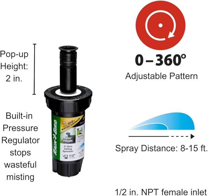 Rain Bird 1802APPRS Pressure Regulating (PRS) Professional Pop-Up Sprinkler, Adjustable 0-360° Pattern, 8' - 15' Spray Distance, 2" Pop-up Height