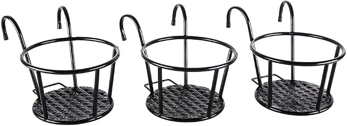 HowRU Iron Art Hanging Baskets Flower Pot Holder - Over the Rail Metal Fence Planters - Pack of 3 - Black