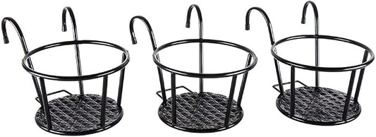 HowRU Iron Art Hanging Baskets Flower Pot Holder - Over the Rail Metal Fence Planters - Pack of 3 - Black