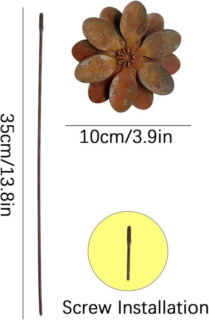 Rustic Metal Coneflower Garden Stakes, Set of 3, Rusted Iron Daisy Yard Art, 14x4 Inch, Weather-Resistant Lawn Pathway, Patio Decor (Brown)