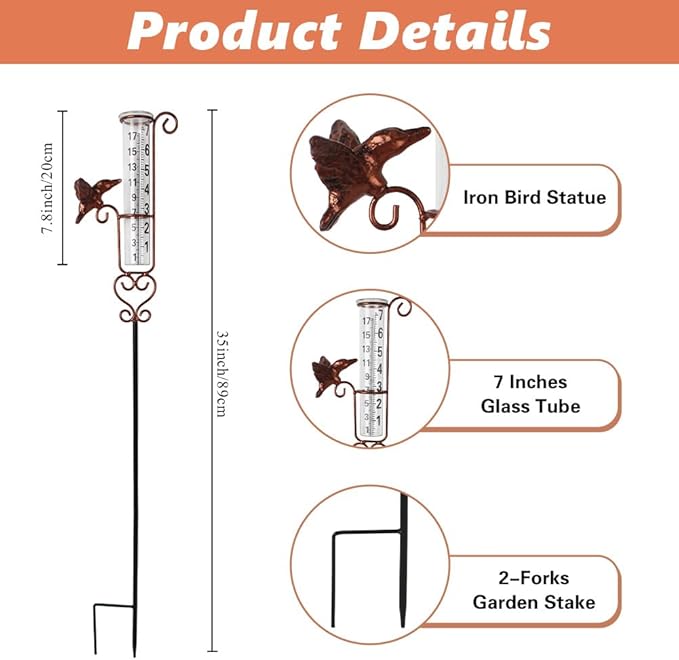 Rain Gauge Outdoor with 7 Inch Glass Tube, Rain Gauges Large Clear Numbers Measure Gauge for Yard, Garden, Lawn(Hummingbird)