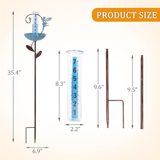 WONDER GARDEN Rain Gauge Outdoor, Decorative Fairy Rain Gauges Outdoors Best Rated, Freeze Proof Glass Water Rain Measure Gauge with Bird Feeder for Yard Patio Lawn Decor