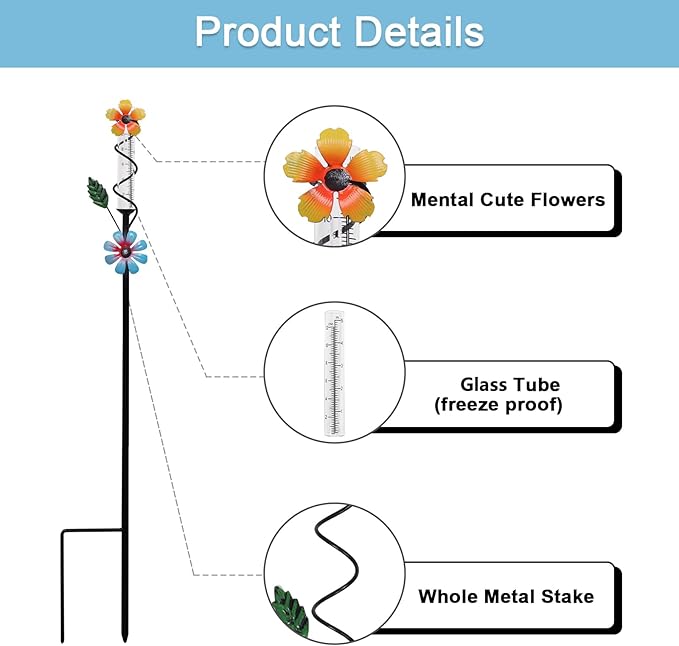 Flower Rain Gauge Outdoor, 5 Inch Glass Tube Freeez-Proof Metal Stake Weather-Resistant Rain Gauge-Lawn and Garden Yard Decor for Accurate Precipitation Measurement