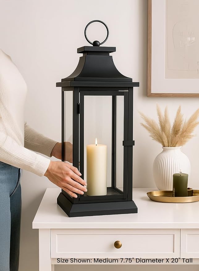 Serene Spaces Living Black Metal Hurricane Lantern with Clear Glass Panels – Hanging or Tabletop Decorative Lantern for Indoor & Outdoor – for Weddings, Parties, Home Decor, 20" Tall & 7.75" Square